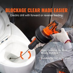 VEVOR 12V Electric Drain Auger 25FT Plumbing Snake Auto Feed for 3/4″-2″ Pipes