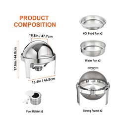 VEVOR 2-Pack Round Roll Top Chafing Dish Set with Full-Size 6Qt Pan Fuel Holder