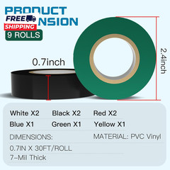 9 Rolls Coloured Electrical Tape Professional White Black Red Green Blue Yellow