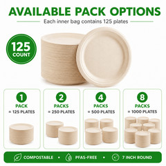 125/250500/1000pcs 7 Inch Compostable Disposable Bagasse Round Party Plates