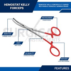 RED – 6 Pcs Kelly Hemostat Forceps 5.5″ Curved Surgical Dental German Grade