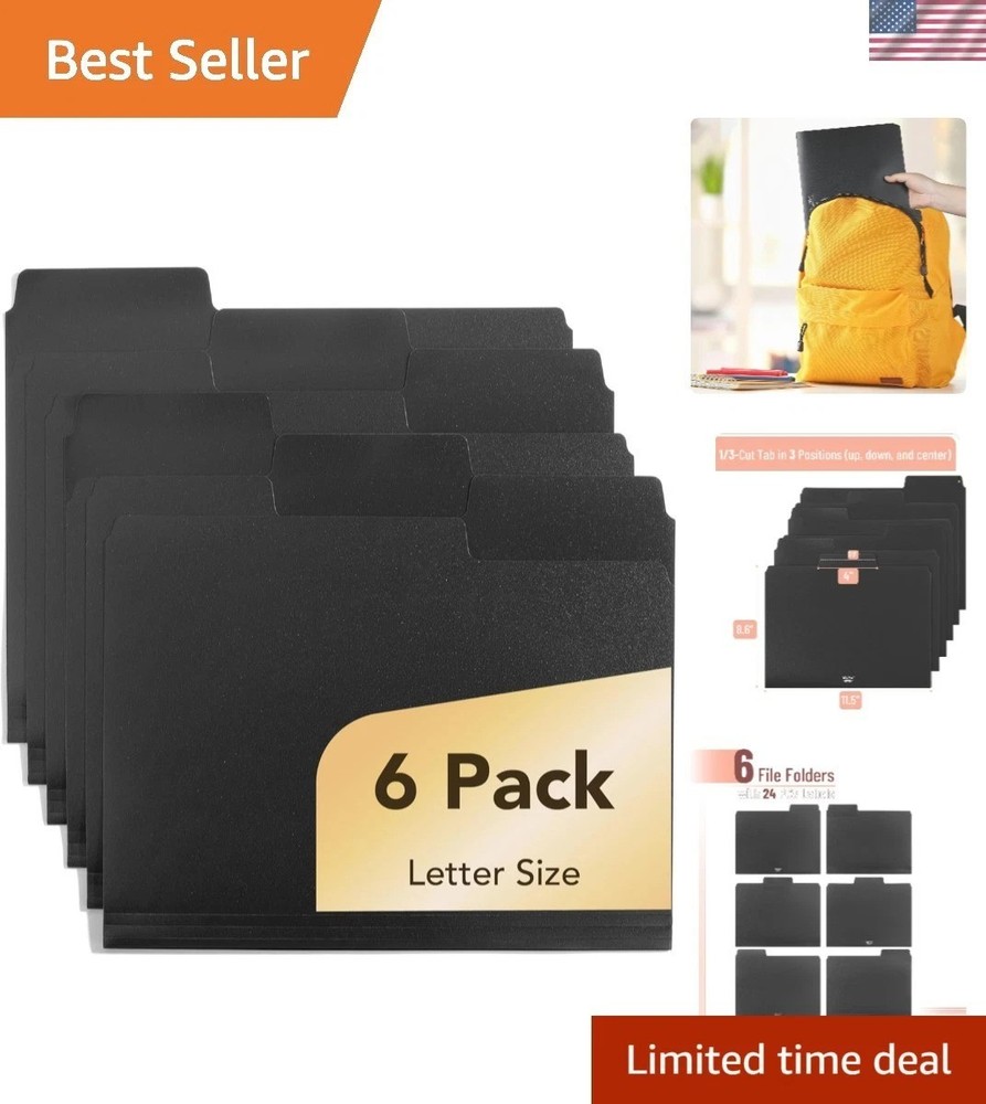 Elegant Black File Folders 6-Pack – Letter Size, 1/3 Cut Tab & Labels Included