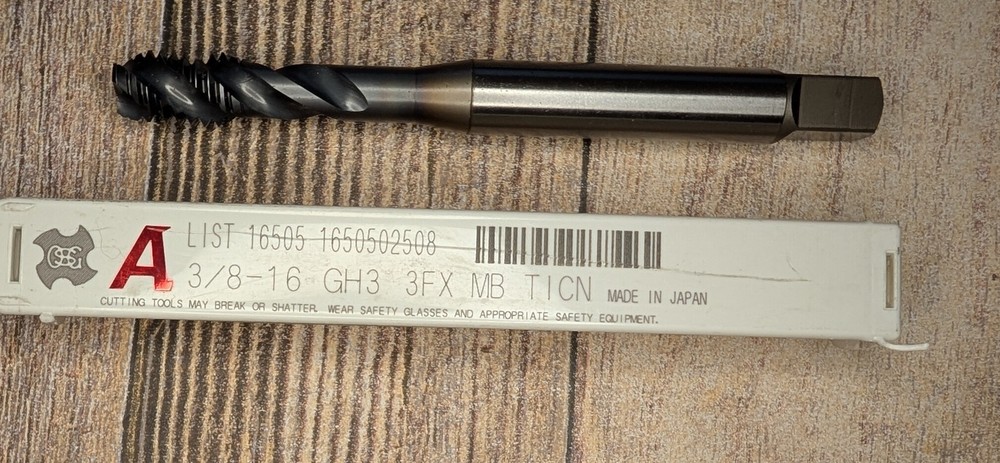New Osg 1650502508 Spiral Flute Tap Modified Bottoming, 3 Flutes 3/8 TICN Japan