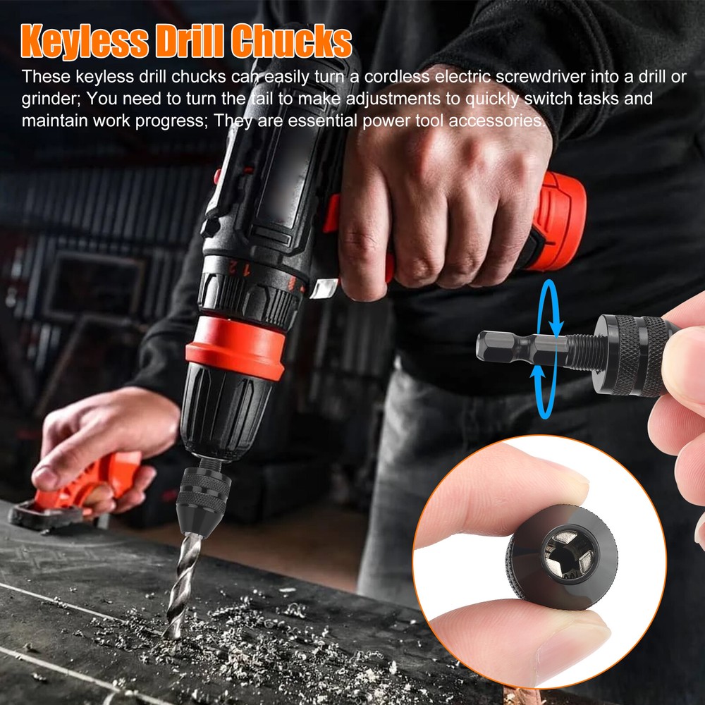 2x 1/4 Inch Hex Shank Keyless Chuck Conversion Drill Bit Adapter