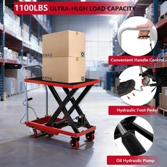 Garvee Heavy Duty 1100LBS Hydraulic Lift Table Cart 32″ Lifting Lift Jack Wheels