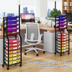 12-Tier Rolling File Organizer Cart – Stylish Black Metal Storage Solution