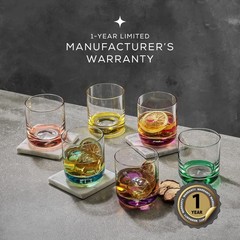 JoyJolt Hue Colorful Whiskey Set of 6, 10oz Drink Glasses, Double Old Fashioned