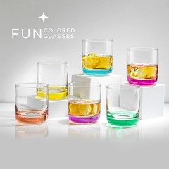 JoyJolt Hue Colorful Whiskey Set of 6, 10oz Drink Glasses, Double Old Fashioned
