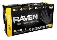SAS Safety 66518 Raven Powder-Free Disposable Black Nitrile 7-Mil Gloves, Lar…