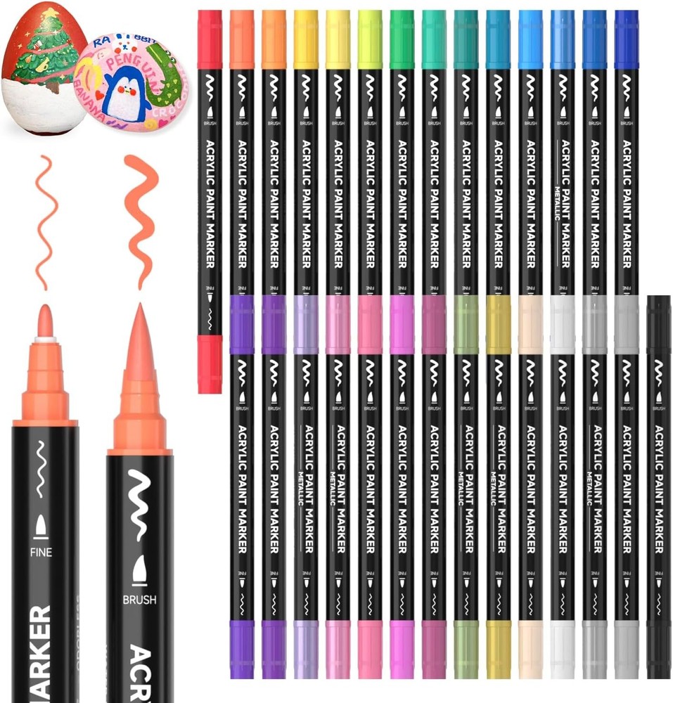 28 Colors Dual Tip Acrylic Paint Markers, Brush Tip and Fine Tip Acrylic Paint
