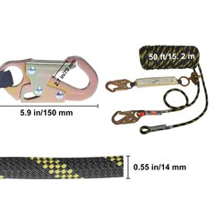 50ft Vertical Fall Lifeline Rope 0.55in ANSI Safety Rope Grab Shock Absorber Set