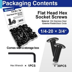 30 Pcs 1/4″-20 x 3/4″ Flat Head Socket Cap Screws Bolts, 304 Stainless Steel,