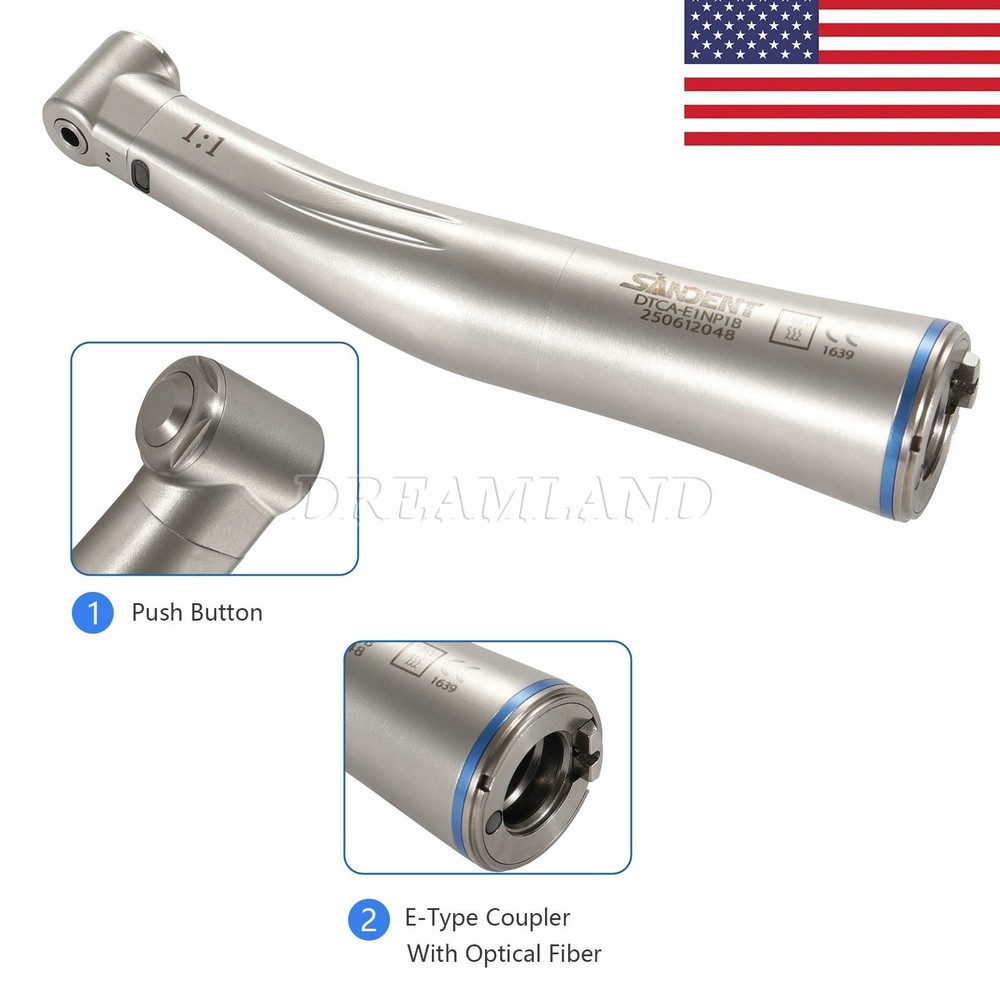 Dental 1:1 LED Light Fiber Optic Contra Angle Handpiece Fit E-type Motor DT USA