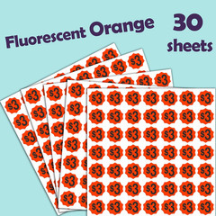 Fluorescent Orange Price Stickers, 3/4 Inch round Labels, 1470 Pre-Printed $3 Ta