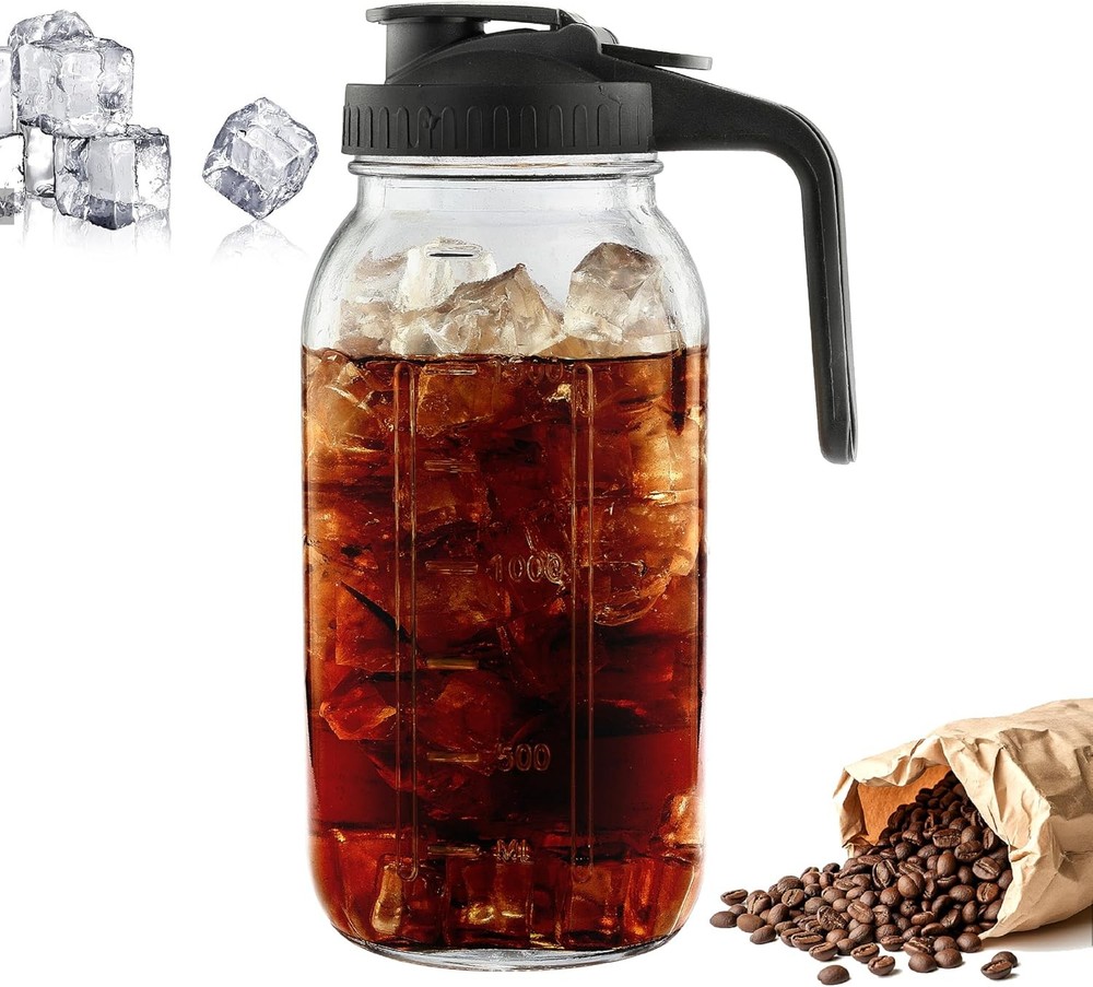 Mason Jar Pitcher, 2 Quart Glass Iced Tea Pitcher with Handle and Lid, Glass