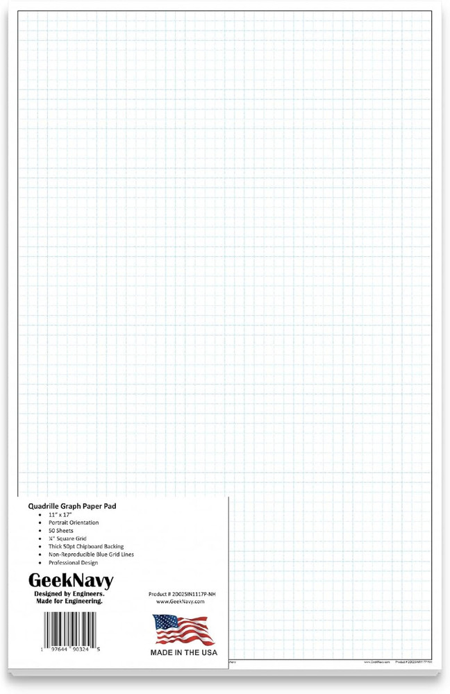 11×17 Inch Quadrille Graph Paper Pad 50 Sheets Portrait Blueprint Grid 0.25 Inch