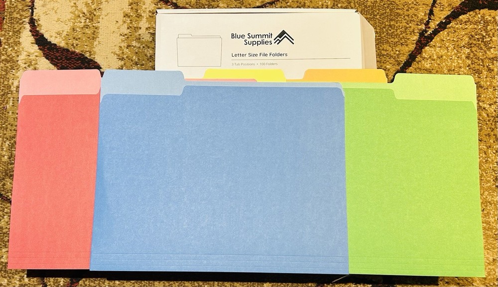 Blue Summit Supplies 100 Pack Colored File Folders Letter Size with Cut Tabs