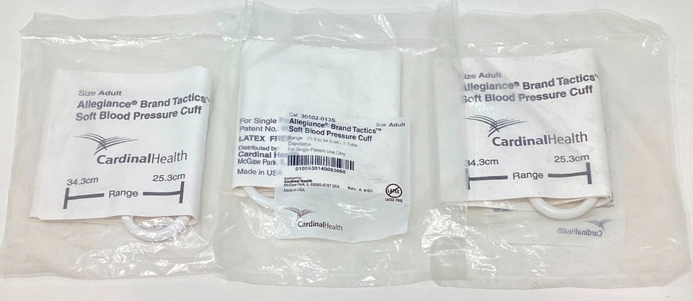 Cardinal Health 30502-013S Disposable Soft Blood Pressure Cuff Adult – LOT of 3