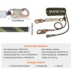 Vertical Lifeline Assembly 0.55” x 50′ Fall Protection Rope 30 KN ANSI