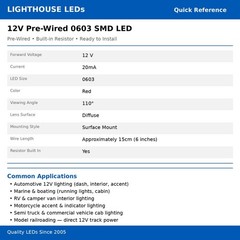 50 x 12v 0603 1608 Red Nano SMD LED Pre-Wired Light Soldered Leads 9v 18v 6v 5v