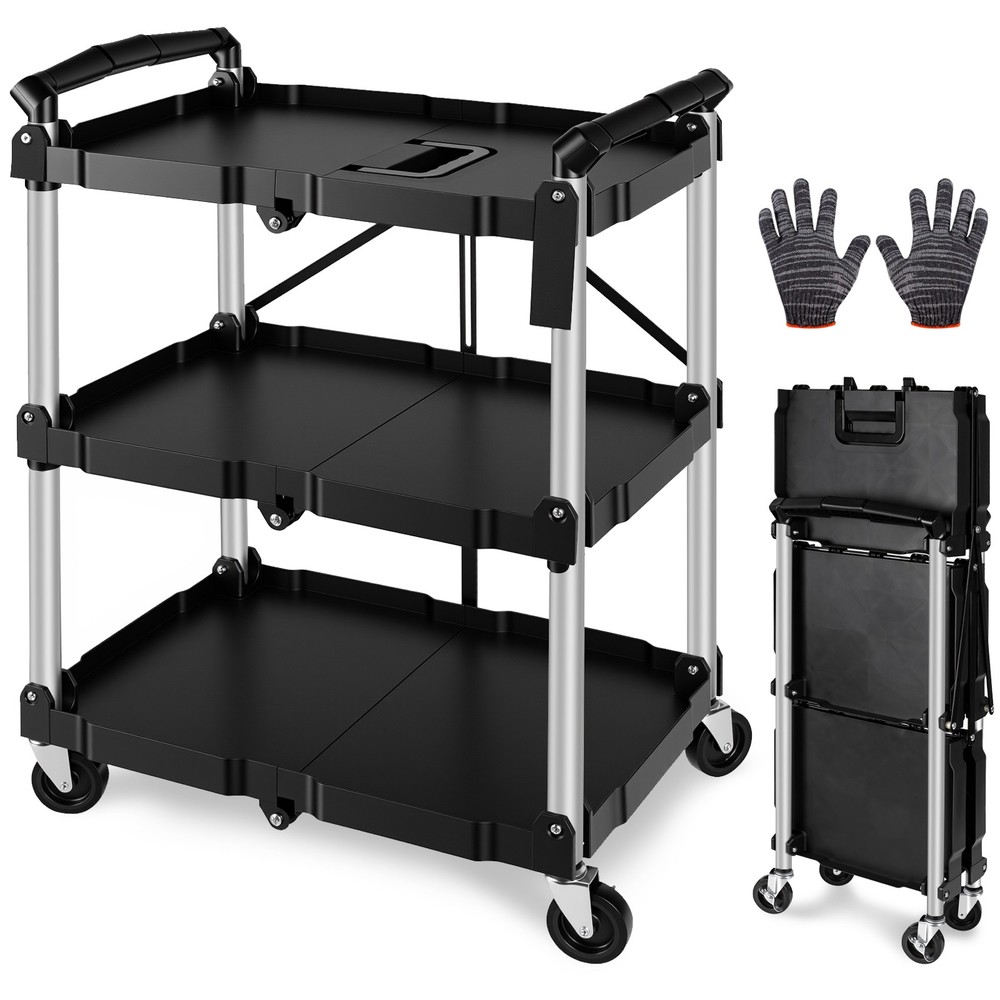 Folding Collapsible Utility Service Cart 3 Shelf 150LB w/ Swivel Lockable Wheels
