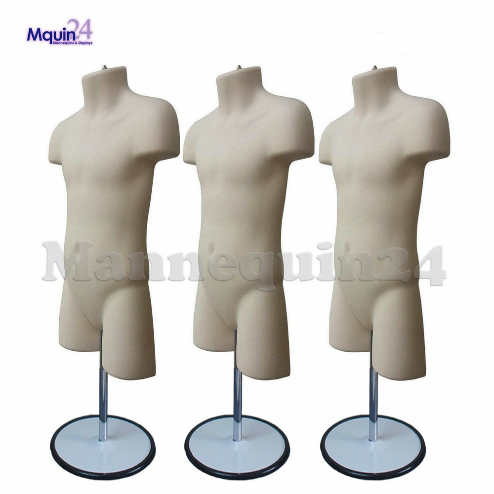 3 CHILD TORSO MANNEQUIN FORMS (Size 5T – 7T / FLESH) w/3 STANDS + 3 HANGERS