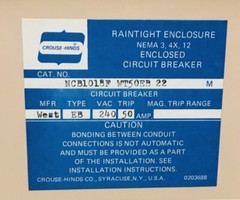 CROUSE HINDS NCB1018F-WT50EB22 50 AMP NCB SERIES CIRCUIT BREAKER ENCLOSURE !NEW!