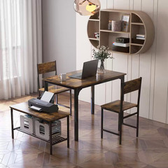 4-Piece Dining Table Set Rustic Desk 2 Chairs and Bench with Storage Rack Brown