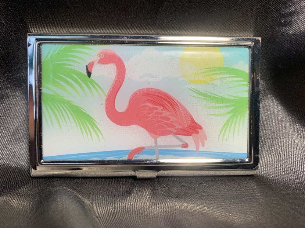 Retro Pink Flamingo Silver Credit Card Holder, Business Cards, I.D. Case