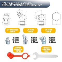 82PCS 1/4-28 SAE Zerk Grease Fittings Kit with Caps and Wrench Strainer
