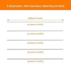 80PCS Stainless Steel Rods 40cm 5 Diameters 1mm 1.5mm 2mm 2.5mm 3mm Stainless