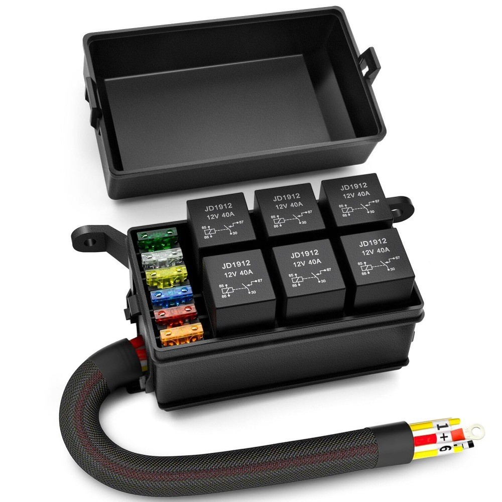 12V Automotive Relay Box 6 Way Relay Fuse Box, with 12 AWG Pre-Wired Universal
