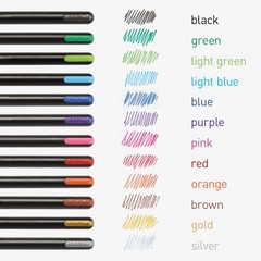 Blue, Black, Red, Green, Light Orange, Purple, Pink, Brown, Gold, Silver