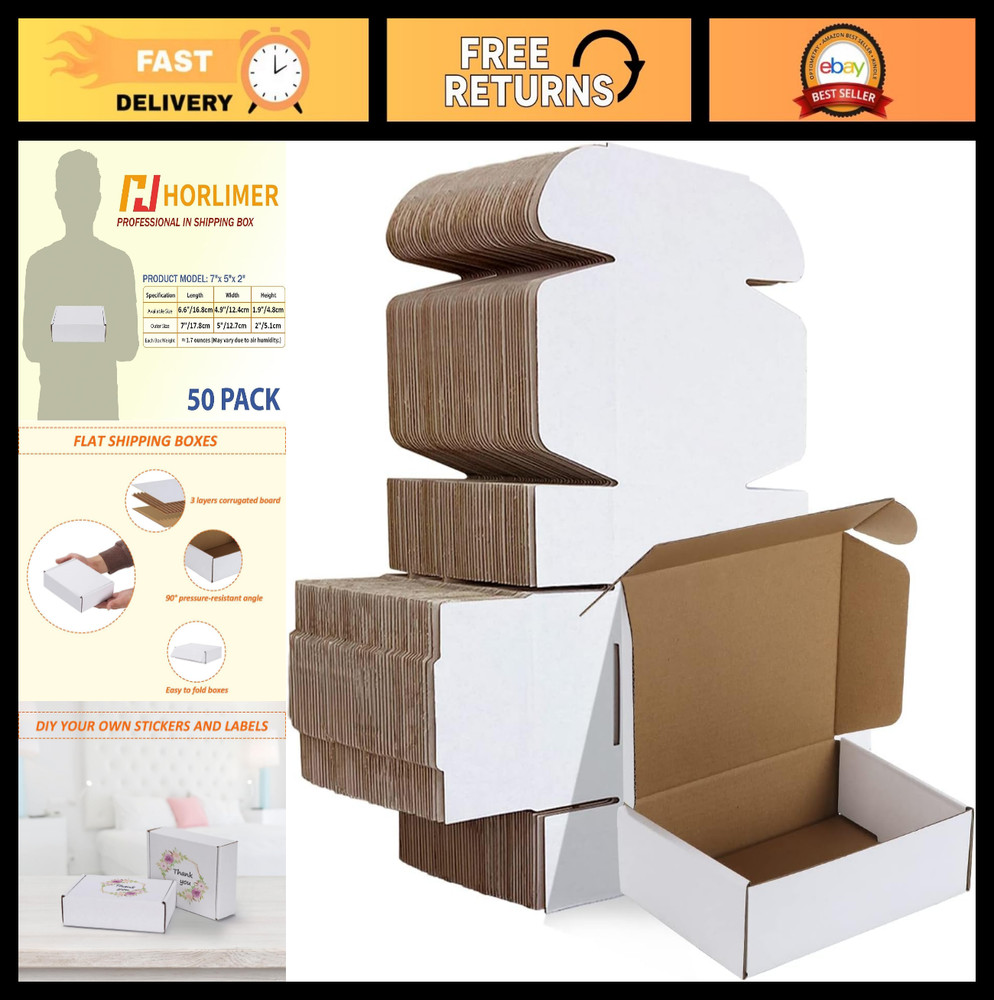 Small Shipping Boxes Set of 50 – 7x5x2 White Corrugated Cardboard Mailers