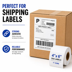 4×6 Thermal Labels 4 Rolls (1000 Total) 250/Roll 1” Core Direct Thermal Shipping