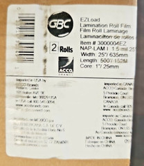 GBC EZLOAD FILM LAMINATION ROLL ITEM # 3000004EZ 1.5 ml. 25” X 500′ 2 Roll Pack