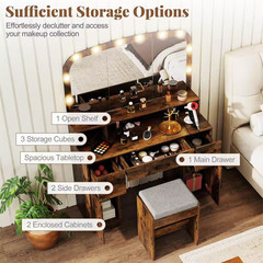2-Piece Rustic Brown Makeup Vanity Set with Large Mirror 3-Color Lights for Bedr