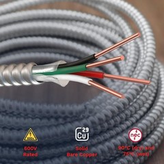 14/3 MC Cable with Ground Aluminium Armored Solid Copper Conductors 20 ft