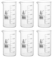 Eisco Labs 500ml Beakers, Tall Form, White Graduations, Borosilicate Glass – 6PK
