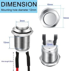 Waterproof Push Button Switch 5pcs 12mm Metal Momentary ON OFF High Head