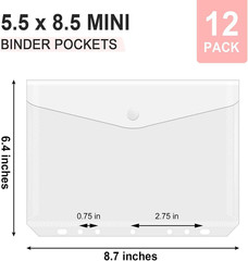 8.5X5.5 Binder Pockets, Poly Mini Binder Pocket 5.5 X 8.5 Inches, 7-Hole Punched