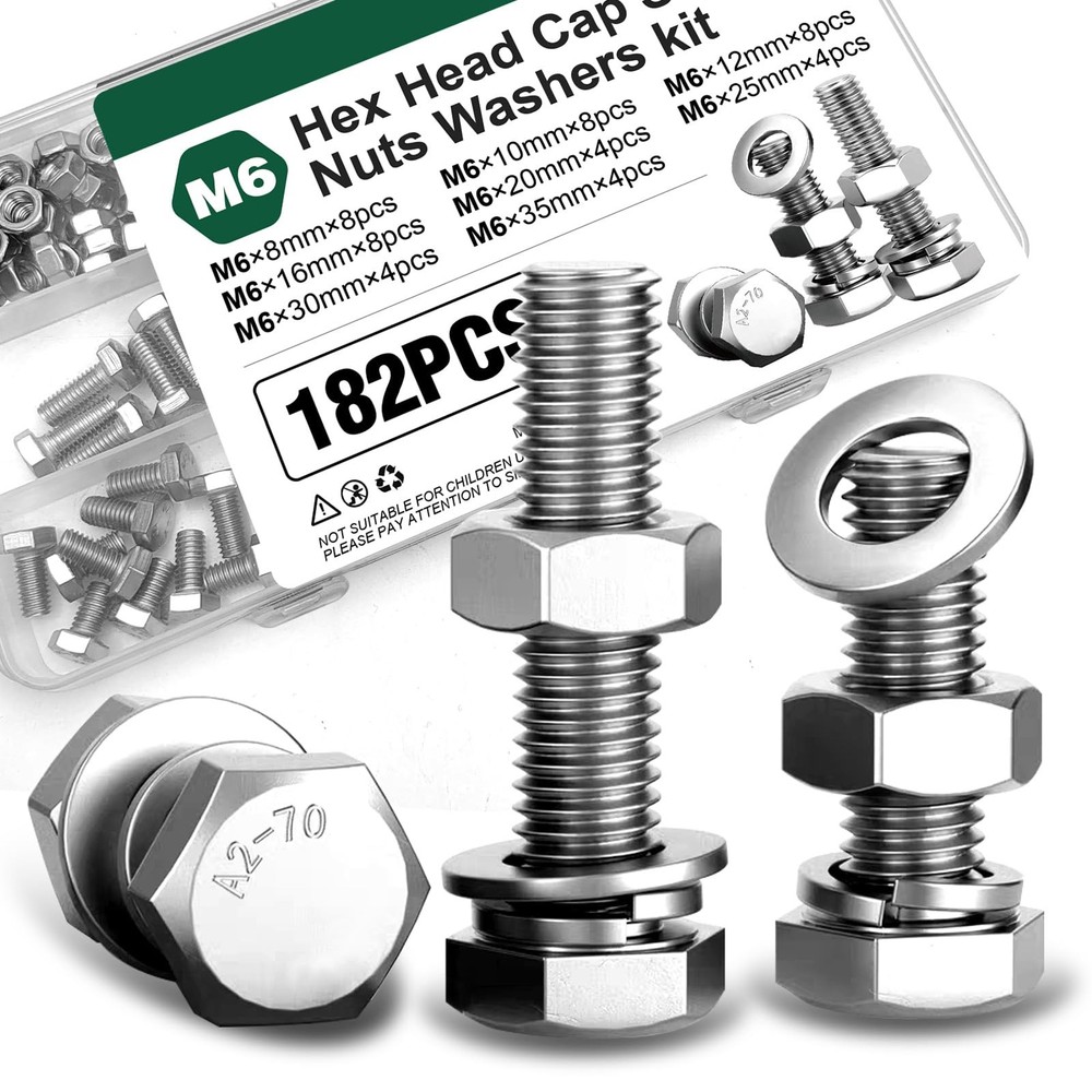 182PCS M6 Nuts and Bolts Assortment Kit A2-70 Stainless Steel Hex Screw Set