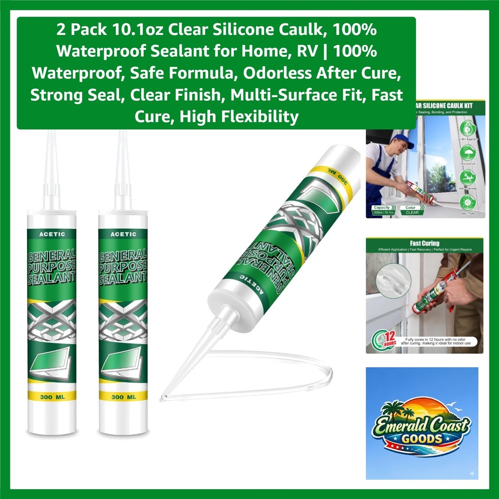 2 Pack 10.1oz Clear Silicone Caulk, 100% Waterproof Sealant for Home, RV | 10…