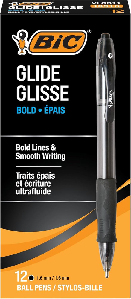 BIC Glide Bold Black Ballpoint Pens, Bold Point (1.6Mm), 12-Count Pack, Retracta