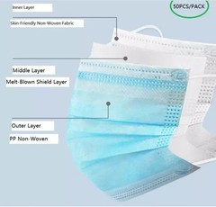 Blue 50 Pcs Disposable Face Masks 3-Ply Non Medical Surgical Earloop Adult FAST