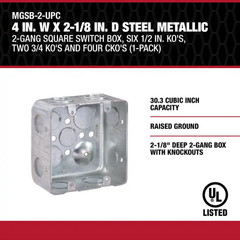 4 In. W X 2-1/8 In. D Steel Metallic 2-Gang Square Switch Box, Six 1/2 In. Ko’S,