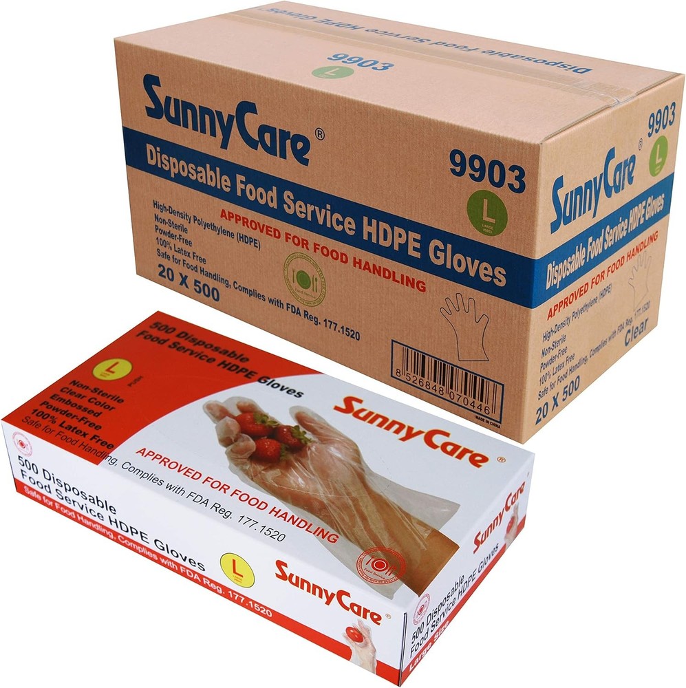 SunnyCare Poly Disposable HDPE Food Service Gloves, Box of 500, Total of 20 Bo