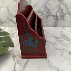 Vintage 90s Mail File Organizer Red Blue Floral Painted Wood India Desk Office