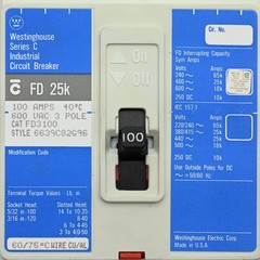 Westinghouse FD3100 SeriesC Industrial Circuit Breaker 6639C82G96 100A 600VAC 3P