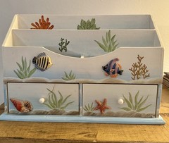 Coastal Beach Theme Tiered Wood Desktop Organizer Hand painted Ocean Fish
